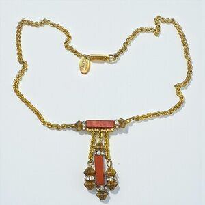 Vintage Mariam Haskell Faux Coral Rhinestone & Bead Necklace